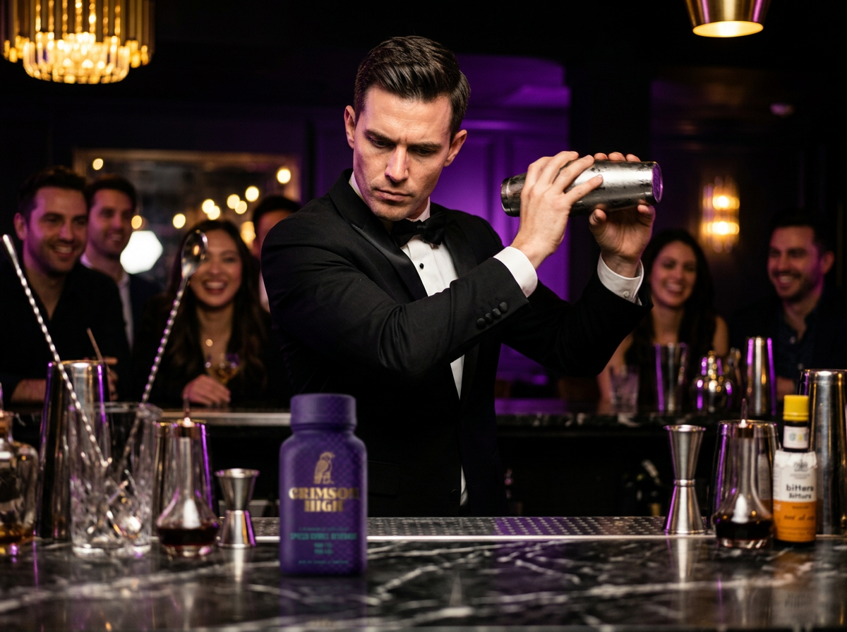 Mixologist crafting a Crimson High cocktail
